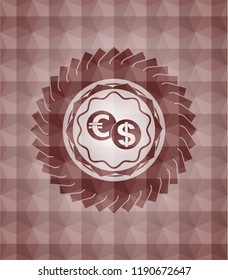 currency exchange icon inside red seamless geometric pattern emblem. Seamless.