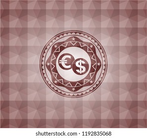 currency exchange icon inside red seamless emblem or badge with abstract geometric polygonal pattern background.