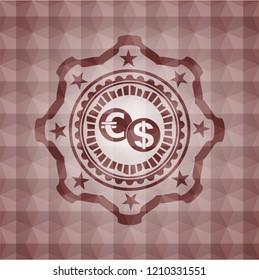 currency exchange icon inside red geometric pattern emblem. Seamless.
