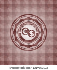 currency exchange icon inside red emblem with geometric pattern. Seamless.