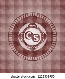 currency exchange icon inside red emblem or badge with abstract geometric polygonal pattern background. Seamless.