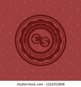currency exchange icon inside red emblem. Vintage.
