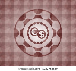 currency exchange icon inside red seamless geometric badge.