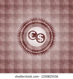 currency exchange icon inside red seamless badge with geometric pattern.
