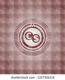 currency exchange icon inside red geometric pattern emblem. Seamless.
