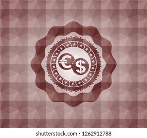 currency exchange icon inside red seamless emblem with geometric background.