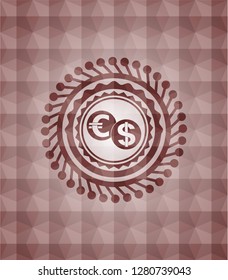 currency exchange icon inside red seamless badge with geometric pattern background.
