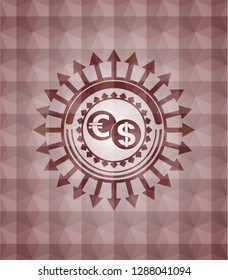 currency exchange icon inside red seamless geometric emblem.
