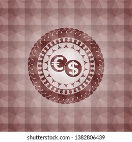 currency exchange icon inside red badge with geometric pattern background. Seamless.