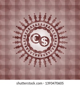 currency exchange icon inside red emblem or badge with abstract geometric pattern background. Seamless.