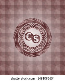 currency exchange icon inside red emblem or badge with abstract geometric polygonal pattern background. Seamless.