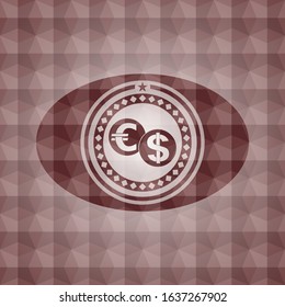 currency exchange icon inside red seamless emblem with geometric pattern.