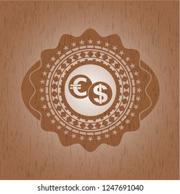 currency exchange icon inside retro style wooden emblem