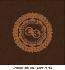 currency exchange icon inside retro wooden emblem