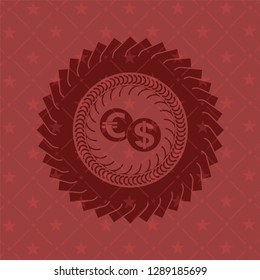 currency exchange icon inside retro red emblem