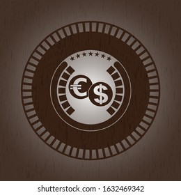 currency exchange icon inside retro style wooden emblem