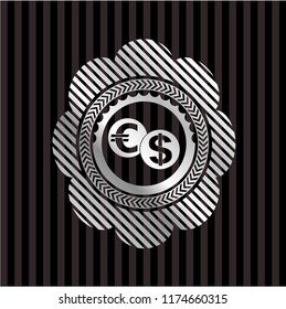 currency exchange icon inside silver emblem