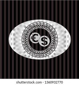 currency exchange icon inside silver emblem