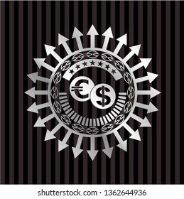 currency exchange icon inside silver shiny emblem