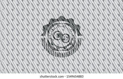 currency exchange icon inside silver color badge or emblem. Scales pattern. Vector Illustration. Detailed.