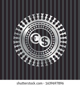 currency exchange icon inside silver emblem or badge