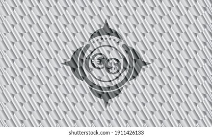 currency exchange icon inside silver color badge. Scales pattern. Vector Illustration. Detailed. 