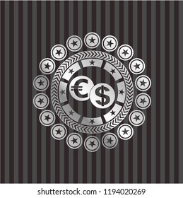 currency exchange icon inside silvery emblem or badge