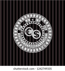 currency exchange icon inside silvery emblem