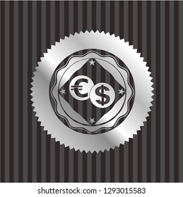 currency exchange icon inside silvery badge or emblem