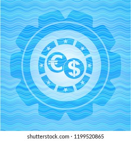 currency exchange icon inside sky blue water wave emblem.