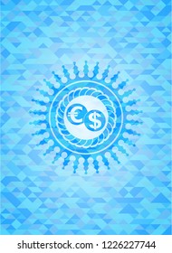 currency exchange icon inside sky blue emblem. Mosaic background