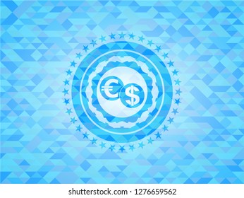 currency exchange icon inside sky blue mosaic emblem