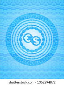currency exchange icon inside sky blue water wave emblem background.