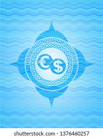 currency exchange icon inside sky blue water wave style badge.