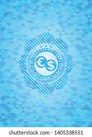 currency exchange icon inside sky blue emblem. Mosaic background