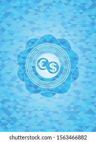 currency exchange icon inside sky blue emblem with mosaic background