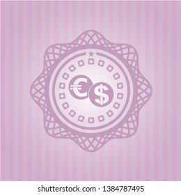 currency exchange icon inside vintage pink emblem
