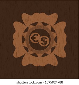 currency exchange icon inside vintage wooden emblem