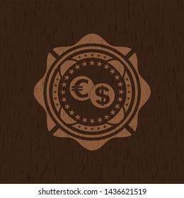 currency exchange icon inside vintage wooden emblem