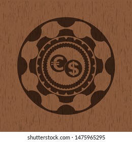 currency exchange icon inside vintage wooden emblem