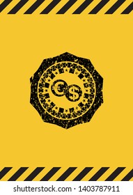 currency exchange icon inside warning sign, black grunge emblem. Vector Illustration. Detailed.