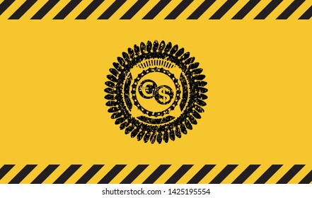 currency exchange icon inside warning sign, black grunge emblem. Vector Illustration. Detailed.