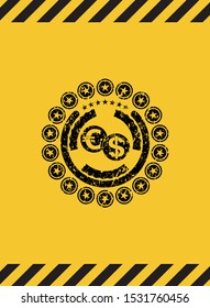 currency exchange icon inside warning sign, black grunge emblem. Vector Illustration. Detailed.