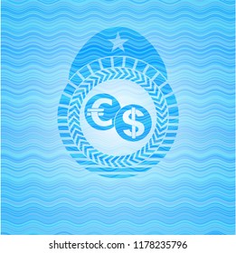 currency exchange icon inside water wave concept badge.