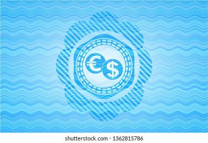 currency exchange icon inside water concept style emblem.