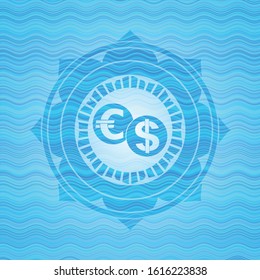 currency exchange icon inside water wave emblem background.