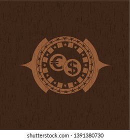 currency exchange icon inside wood emblem. Retro