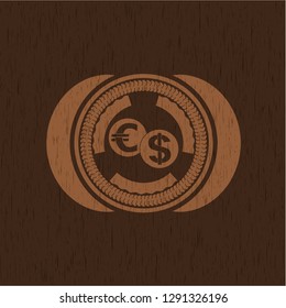 currency exchange icon inside wooden emblem. Retro