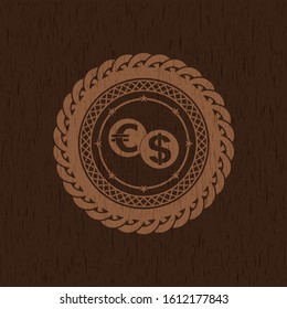 currency exchange icon inside wooden emblem