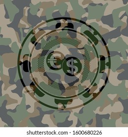 currency exchange icon on camo pattern